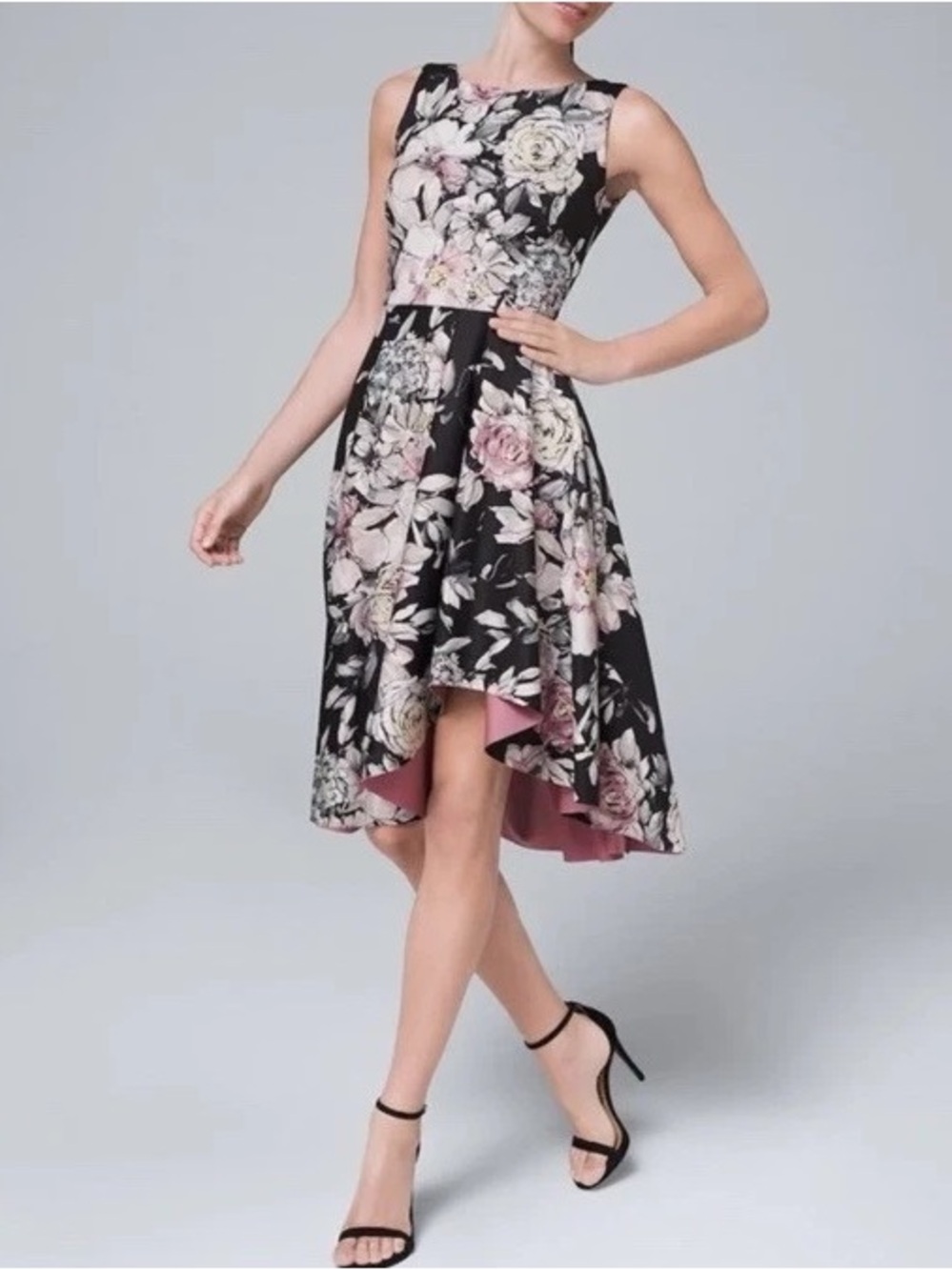 WHITE HOUSE BLACK MARKET Sleeveless Floral High-Low Dress with Pink Lining SZ 4